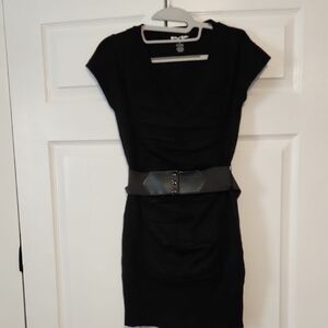 Planet Gold Sleek Black Mini Dress with Bold Belt